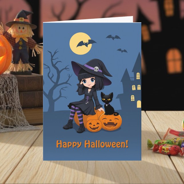 Halloween-häxa, svart katt och böjda pumpor kort (Skapare uppladdad)