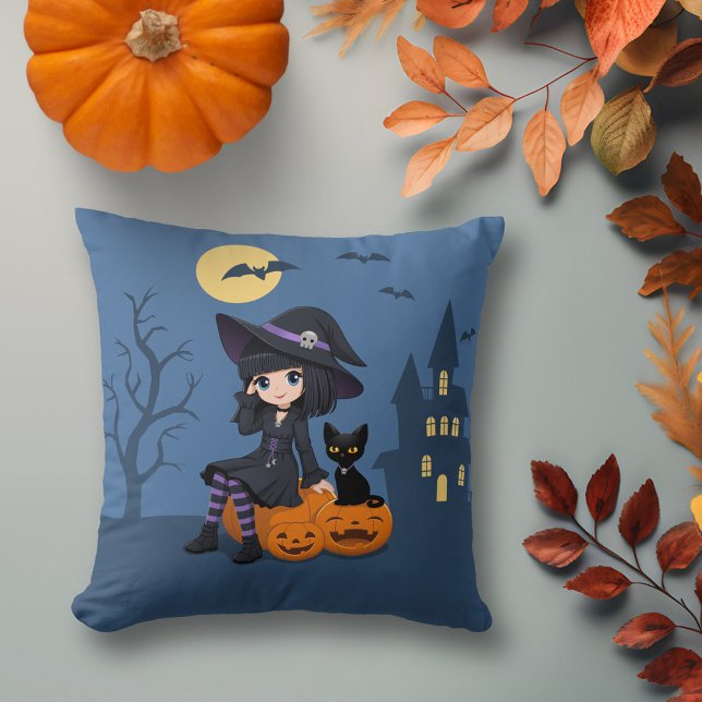 Halloween-häxa, svart katt och böjda pumpor kudde (Skapare uppladdad)