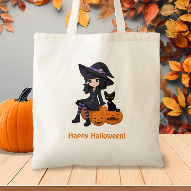 Halloween-häxa, svart katt och böjda pumpor tygkasse (Skapare uppladdad)