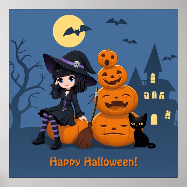 Halloween-häxa, svart katt och pumpor poster (Framsidan)
