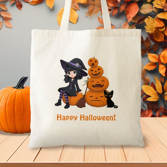 Halloween-häxa, svart katt och pumpor tygkasse (Skapare uppladdad)
