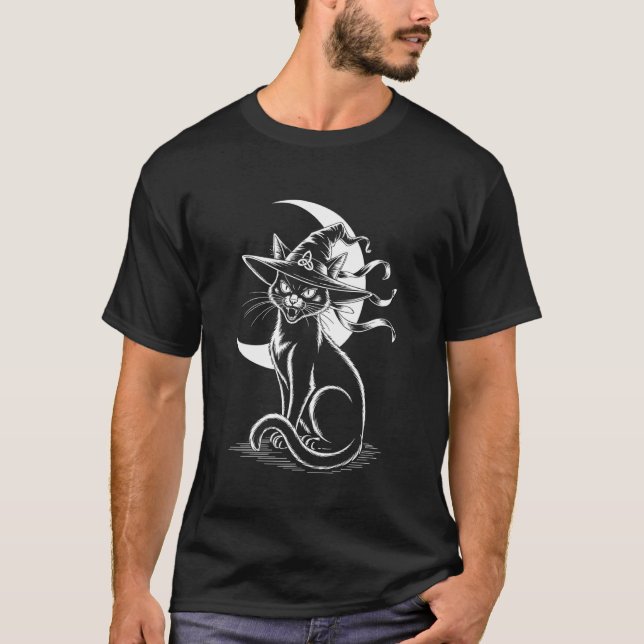 Halloween Häxa Svart Katt T Shirt (Framsida)