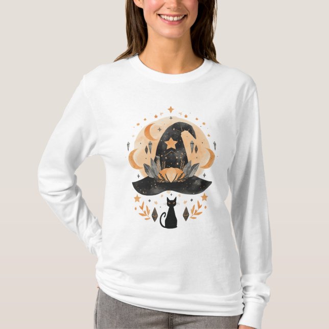 Halloween-häxa svart katt t-shirt  (Framsida)