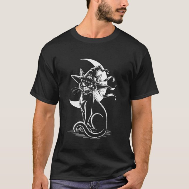 Halloween Häxa Svart Katt T Shirt (Framsida)