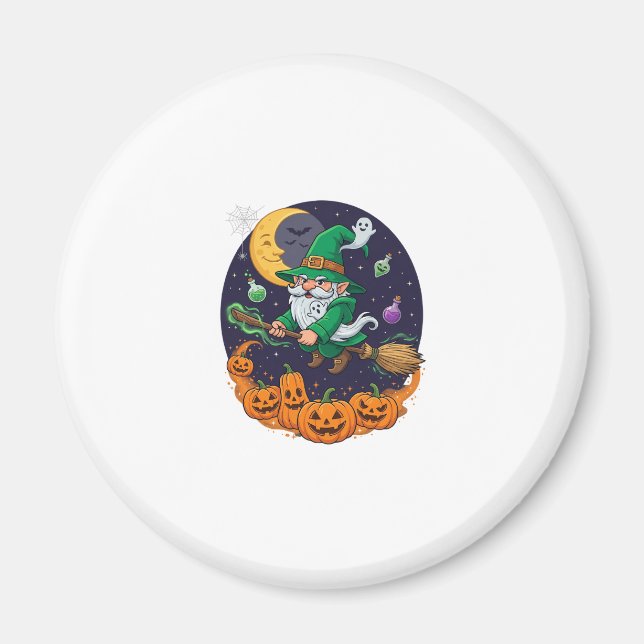 Halloween Häxa Tomte Kvast Pumpor Måne Magnet (Framsidan)