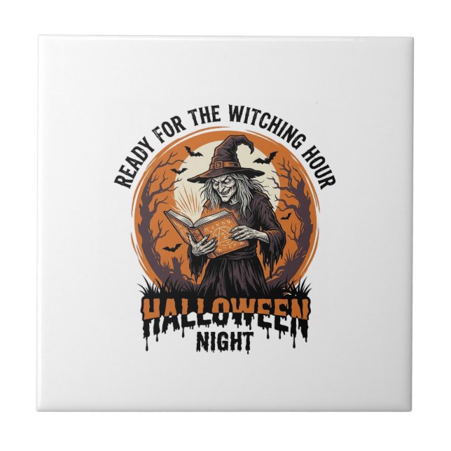 Halloween Häxa Tröja Vintage Spellbok Läsning De Kakelplatta (Framsidan)