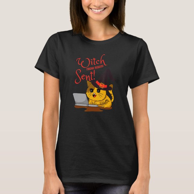 Halloween Häxa Vänförfrågan Skickad Kattunge T Shirt (Framsida)