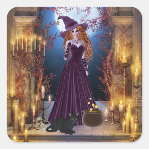 Halloween häxa vid Candlelight Fyrkantigt Klistermärke