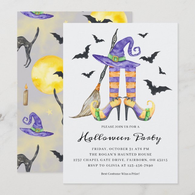 Halloween Häxben och Hatt Fest Inbjudningar (Fram/baksida)