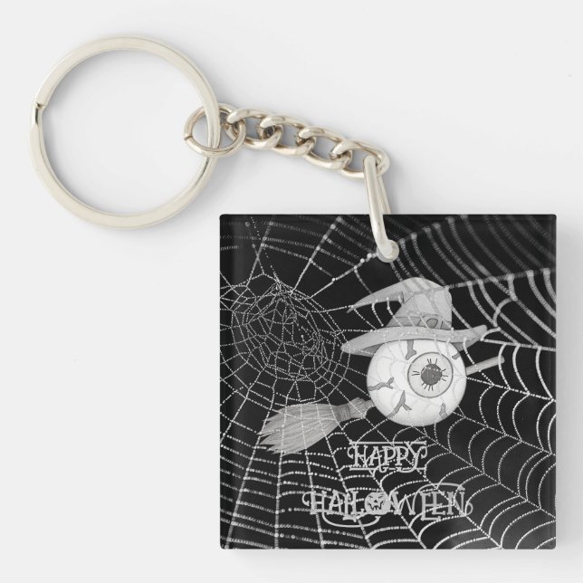 Halloween-häxbroom, läskigt ögonboll, spindelnät (Framsidan)