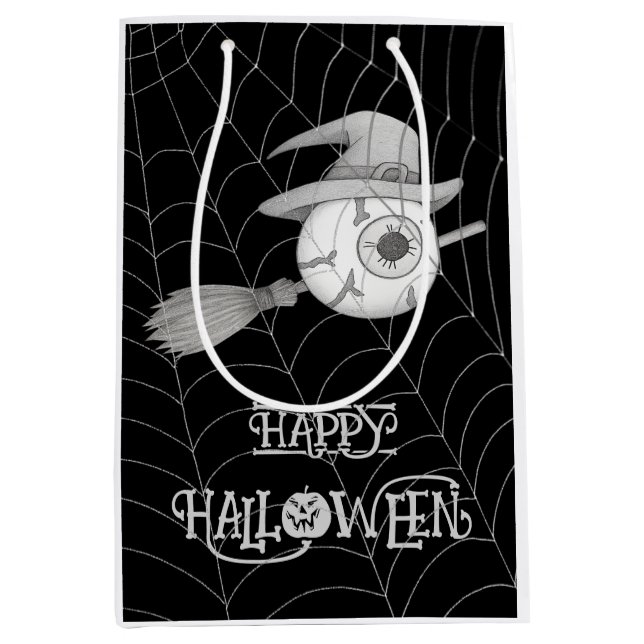 Halloween-häxbroom, läskigt ögonboll, spindelnät (Framsidan)