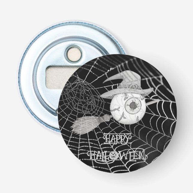 Halloween-häxbroom, läskigt ögonboll, spindelnät flasköppnare (Framsidan)