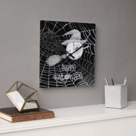 Halloween-häxbroom, läskigt ögonboll, spindelnät fyrkantig klocka