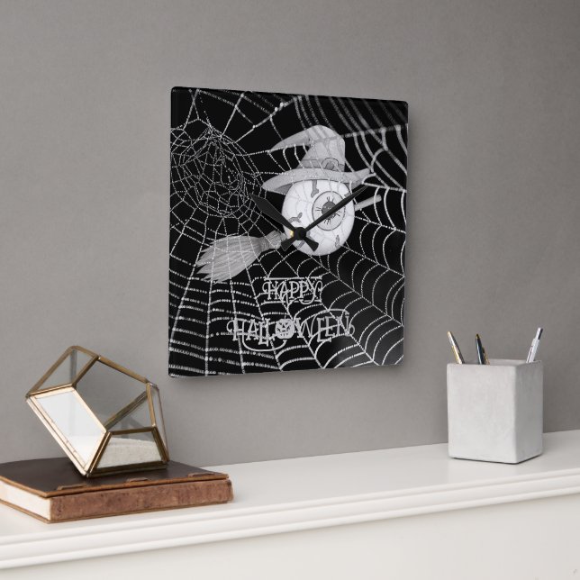 Halloween-häxbroom, läskigt ögonboll, spindelnät fyrkantig klocka (Kontor)