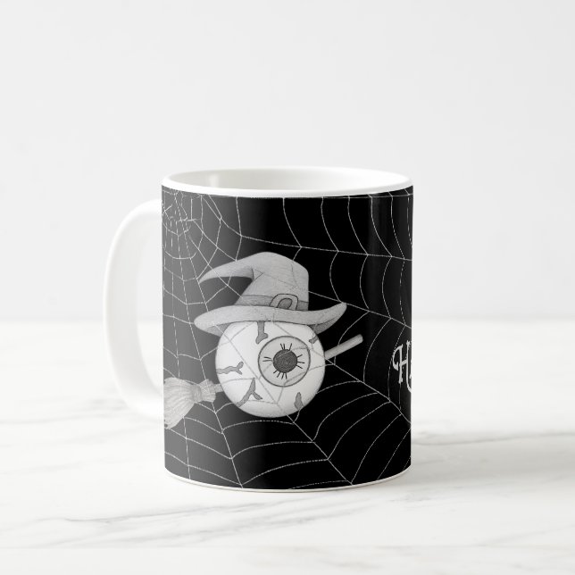 Halloween-häxbroom, läskigt ögonboll, spindelnät kaffemugg (Framsida vänster)
