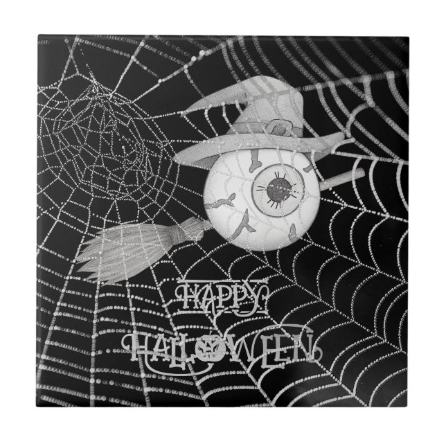 Halloween-häxbroom, läskigt ögonboll, spindelnät kakelplatta (Framsidan)
