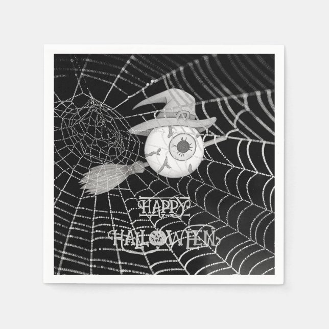 Halloween-häxbroom, läskigt ögonboll, spindelnät pappersservett (Framsidan)