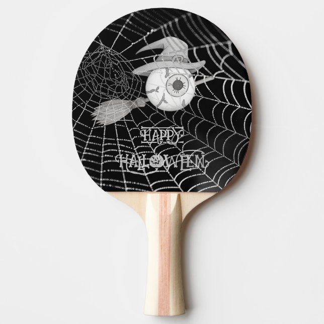 Halloween-häxbroom, läskigt ögonboll, spindelnät pingisracket (Framsidan)