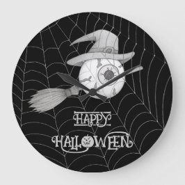 Halloween-häxbroom, läskigt ögonboll, spindelnät stor klocka