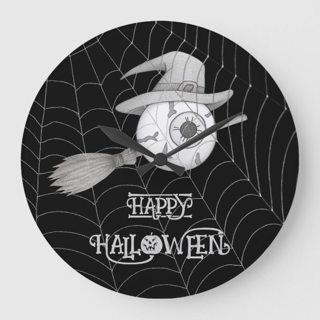 Halloween-häxbroom, läskigt ögonboll, spindelnät stor klocka (Framsida)