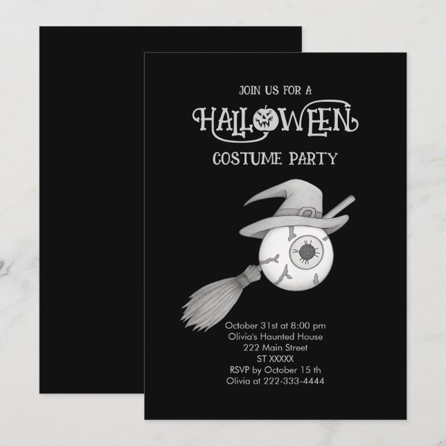 Halloween-häxbroom och skrämmande ögonboll inbjudningar (Fram/baksida)