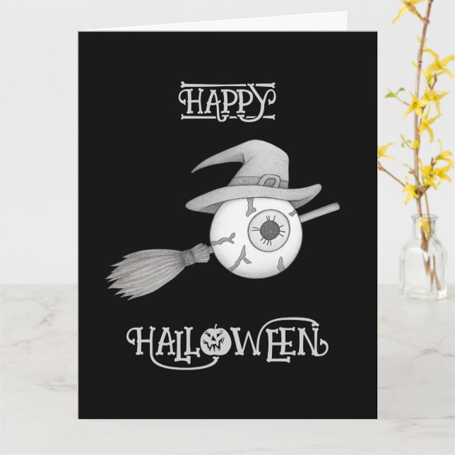 Halloween-häxbroom och skrämmande ögonboll kort (Gul blomma)