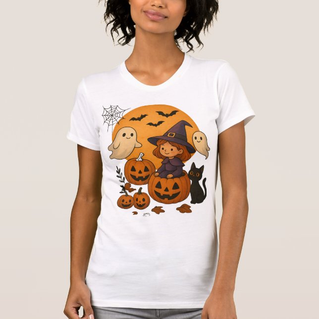 Halloween-häxdesign med spöken, pumpor t shirt (Framsida)
