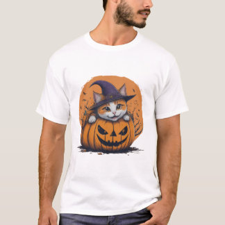 Halloween Häxhatt Katt i Pumpa Skräckinjagande Säs T Shirt