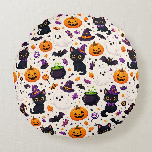 Halloween Häxhattar Och Katter Mönster 🧙 Rund Kudde (Framsidan)