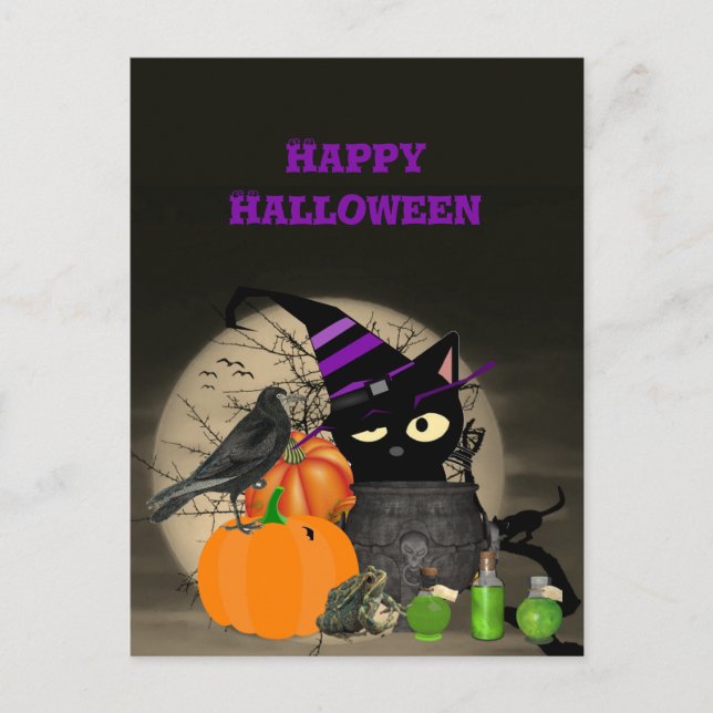 Halloween-häxig svart katt för barn brevkort vykort (Framsida)