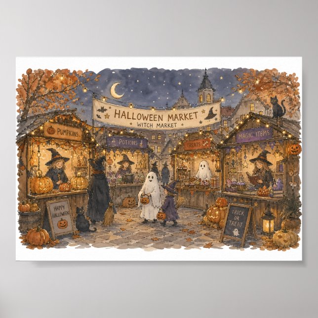 Halloween-häxmarknadsscen Illustration Poster (Framsidan)