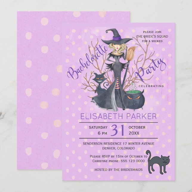 Halloween häxparti svarta katter bachelorette Part Inbjudningar (Fram/baksida)