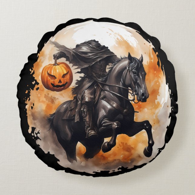 Halloween Headless Horseman with Pumpkin Head Rund Kudde (Framsidan)
