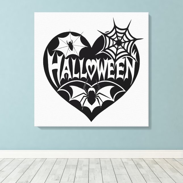 Halloween Heart, Black Heart Shape, Spider Web Canvastryck (Insitu (trägolv))