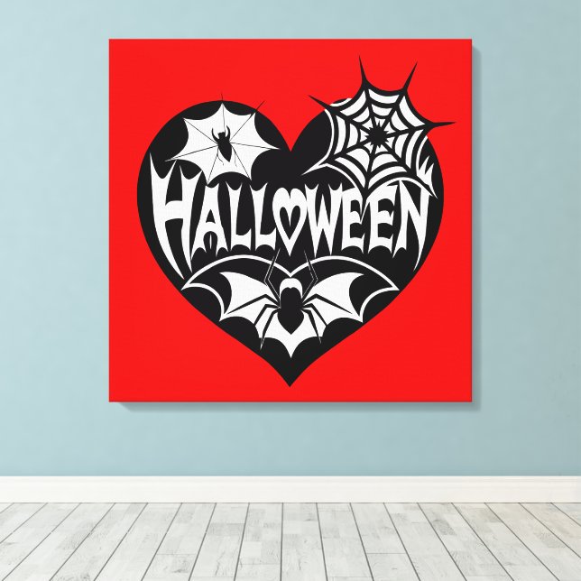 Halloween Heart, Black Heart Shape, Spider Web Canvastryck (Insitu (trägolv))