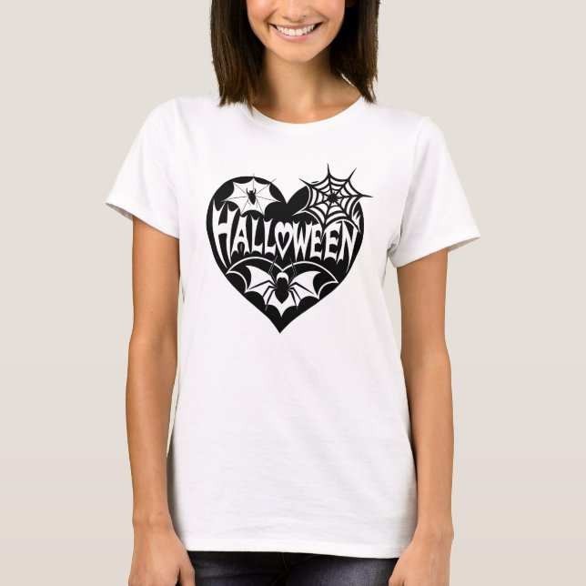 Halloween Heart, Black Heart Shape, Spider Web T Shirt (Framsida)