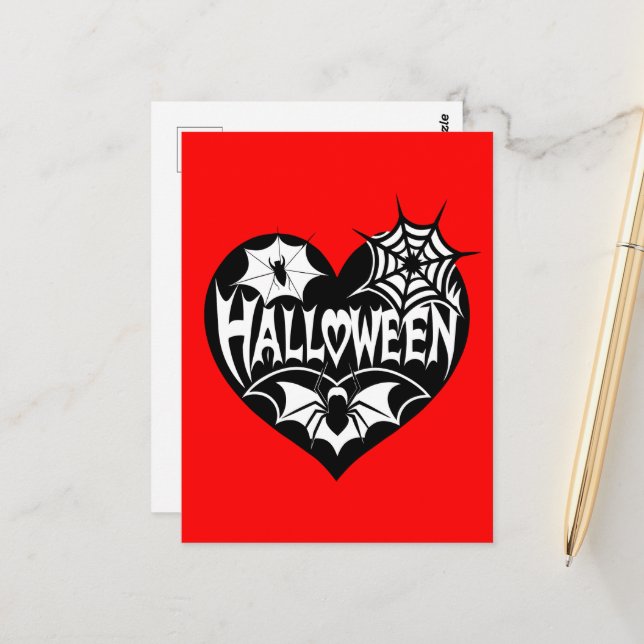 Halloween Heart, Black Heart Shape, Spider Web Vykort (Fram/Back In Situ)