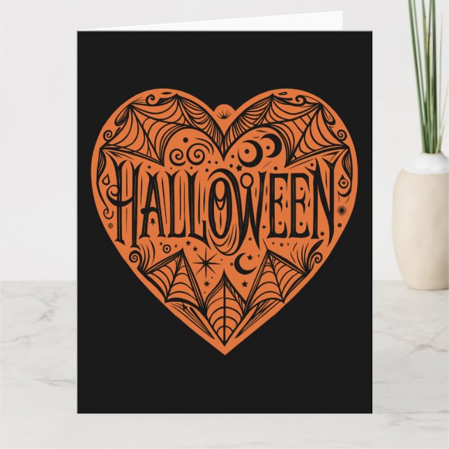 Halloween Heart, Orange Heart Shape, Helgdag Kort (Framsida)