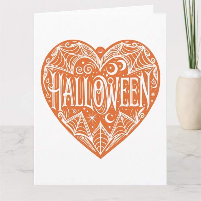 Halloween Heart, Orange Heart Shape, Helgdag Kort (Framsida)