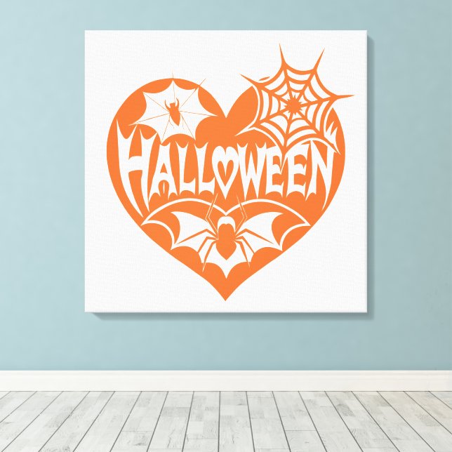 Halloween Heart, Orange Heart Shape, Spider Web Canvastryck (Insitu (trägolv))