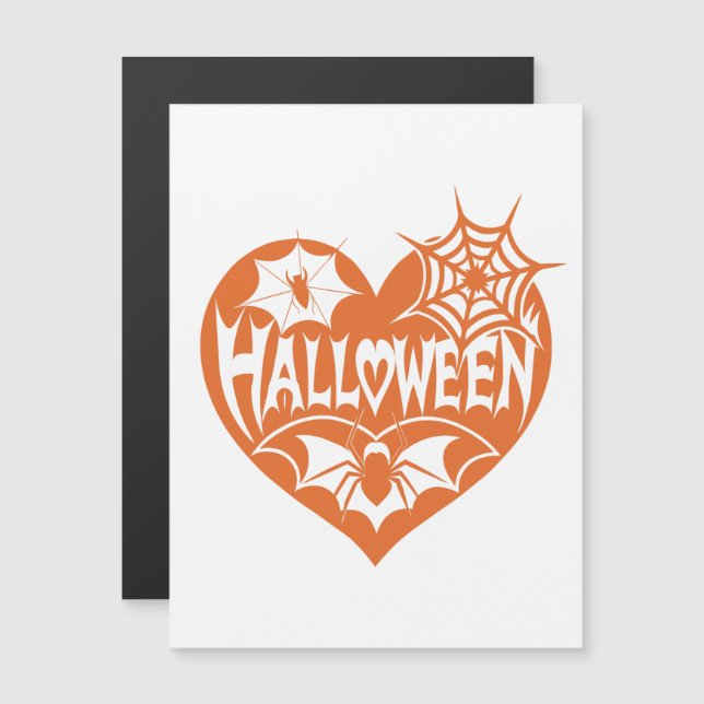 Halloween Heart, Orange Heart Shape, Spider Web Magnetisk Inbjudningskort (Fram/baksida)