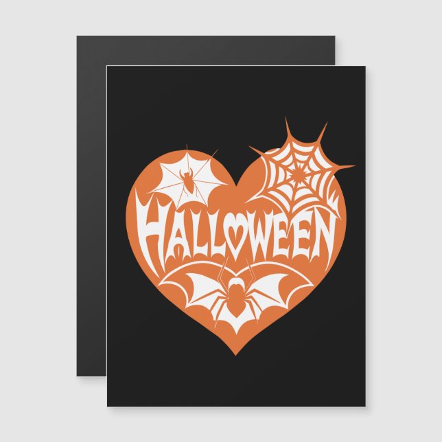 Halloween Heart, Orange Heart Shape, Spider Web Magnetisk Inbjudningskort (Fram/baksida)