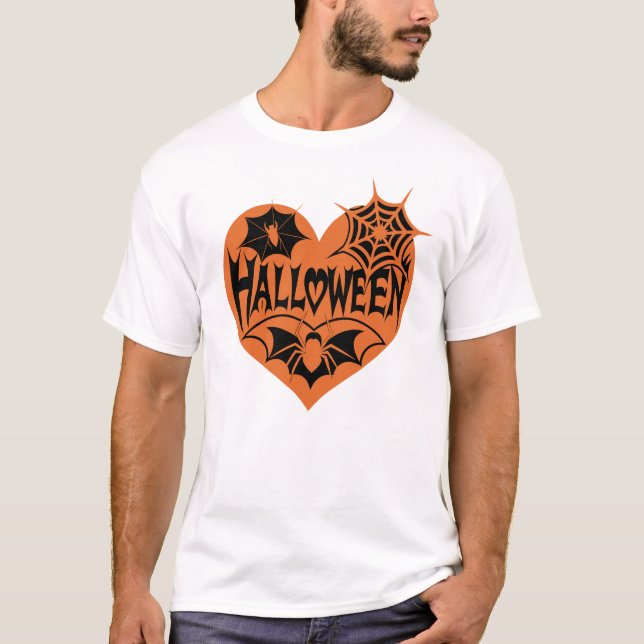 Halloween Heart, Orange Heart Shape, Spider Web T Shirt (Framsida)