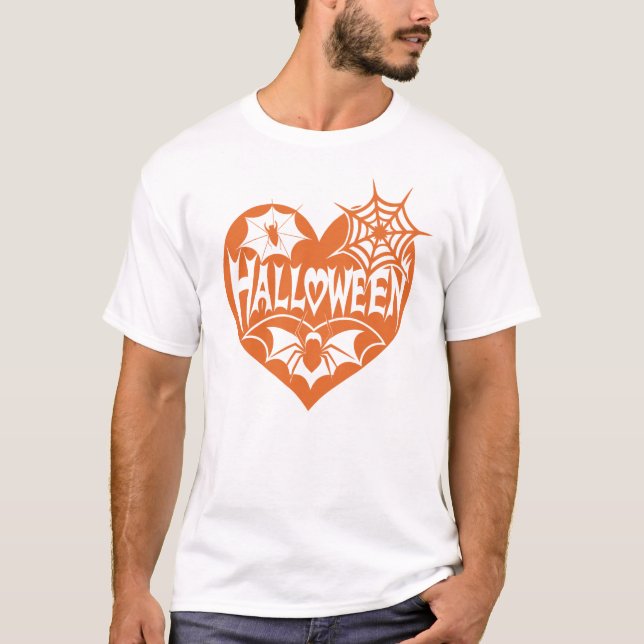 Halloween Heart, Orange Heart Shape, Spider Web T Shirt (Framsida)