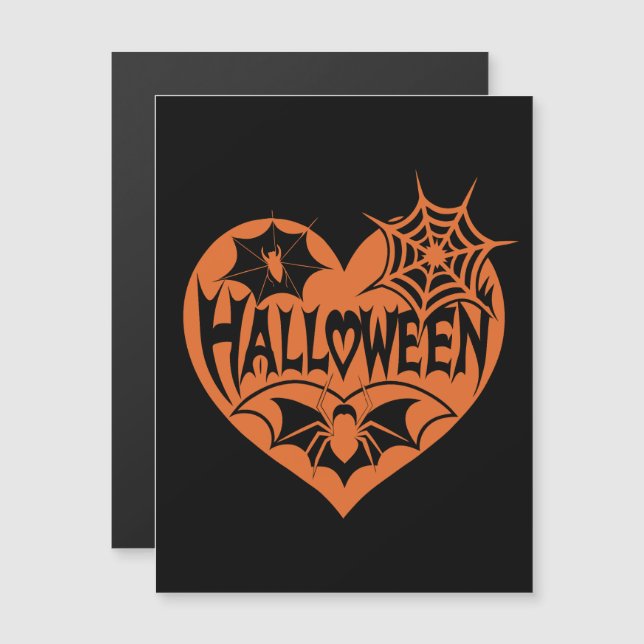 Halloween Heart, Orange Heart Shape, Spindelnät Magnetisk Inbjudningskort (Fram/baksida)