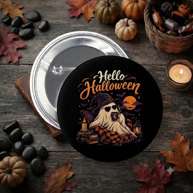 Halloween Hej Cutt Liten Spöke Dricker Kaffe  Knapp (Skapare uppladdad)