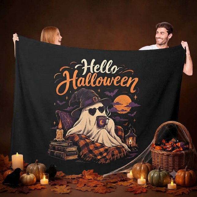 Halloween Hej Cutt Spöke Dricker Kaffe Fleecefilt (Skapare uppladdad)