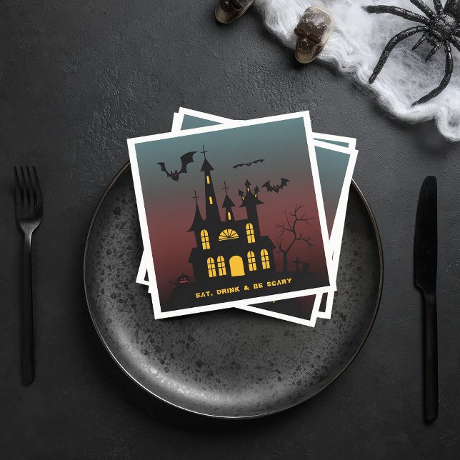 Halloween, hemlig husransonering, drick Pappert. Pappersservett (Halloween Haunted House Eat Drink Be Scary Paper Napkins)