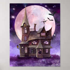 Halloween hemsökt hus med Måne och Fladdermus Wall Poster