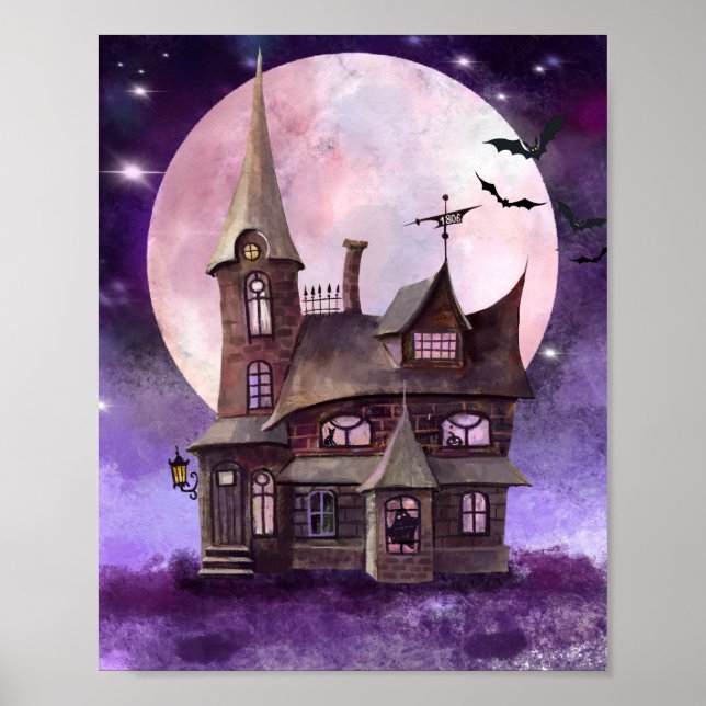 Halloween hemsökt hus med Måne och Fladdermus Wall Poster (Framsidan)